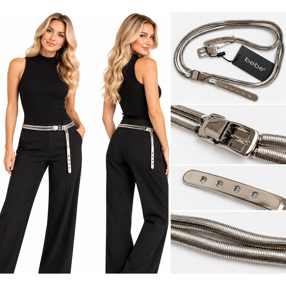 Bebe M/L Belt Silver Double Snake Chain Metallic Y2K Glam Waist Hip Vintage